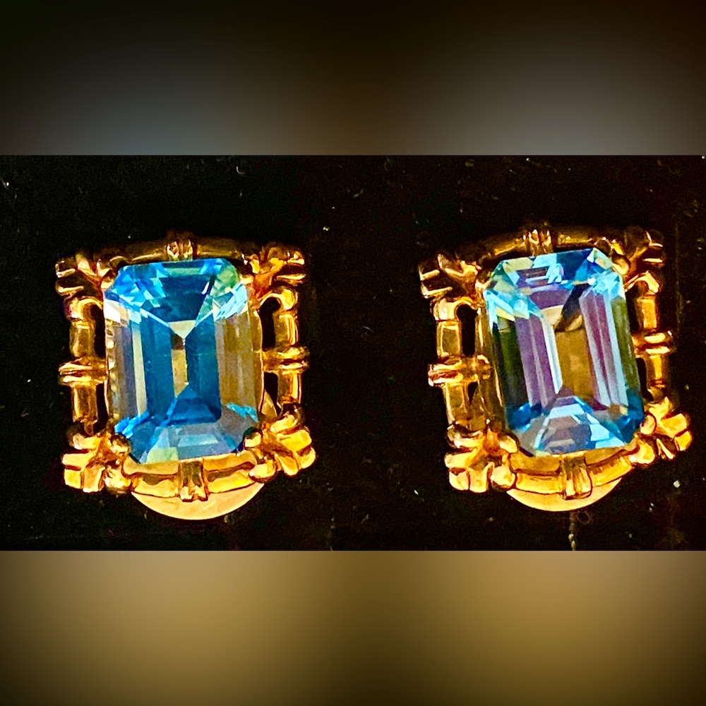 14K Blue Topaz Emerald Cut Earrings